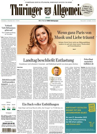 Titelbild der Ausgabe 253/2025 von Thüringer Allgemeine Erfurt. Diese Zeitschrift und viele weitere Zeitungsabos als Abo oder epaper bei United Kiosk online kaufen.