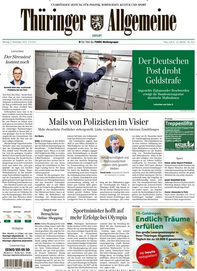 Titelbild der Ausgabe 254/2025 von Thüringer Allgemeine Erfurt. Diese Zeitschrift und viele weitere Zeitungsabos als Abo oder epaper bei United Kiosk online kaufen.