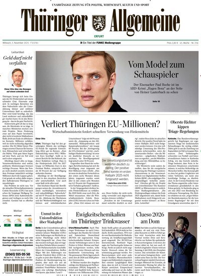 Titelbild der Ausgabe 256/2025 von Thüringer Allgemeine Erfurt. Diese Zeitschrift und viele weitere Zeitungsabos als Abo oder epaper bei United Kiosk online kaufen.