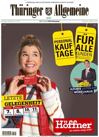 Titelbild der Ausgabe 257/2025 von Thüringer Allgemeine Erfurt. Diese Zeitschrift und viele weitere Zeitungsabos als Abo oder epaper bei United Kiosk online kaufen.