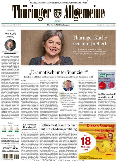 Titelbild der Ausgabe 258/2025 von Thüringer Allgemeine Erfurt. Diese Zeitschrift und viele weitere Zeitungsabos als Abo oder epaper bei United Kiosk online kaufen.