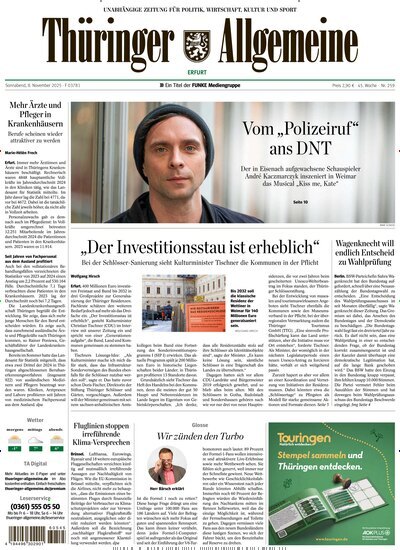 Titelbild der Ausgabe 259/2025 von Thüringer Allgemeine Erfurt. Diese Zeitschrift und viele weitere Zeitungsabos als Abo oder epaper bei United Kiosk online kaufen.
