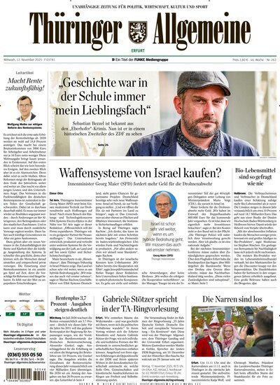 Titelbild der Ausgabe 262/2025 von Thüringer Allgemeine Erfurt. Diese Zeitschrift und viele weitere Zeitungsabos als Abo oder epaper bei United Kiosk online kaufen.