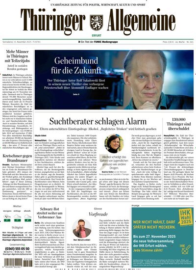Titelbild der Ausgabe 265/2025 von Thüringer Allgemeine Erfurt. Diese Zeitschrift und viele weitere Zeitungsabos als Abo oder epaper bei United Kiosk online kaufen.