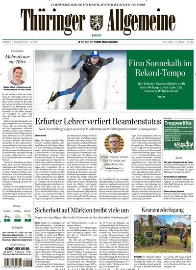 Titelbild der Ausgabe 266/2025 von Thüringer Allgemeine Erfurt. Diese Zeitschrift und viele weitere Zeitungsabos als Abo oder epaper bei United Kiosk online kaufen.