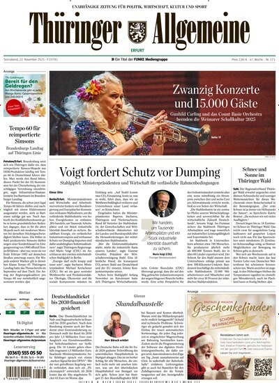 Titelbild der Ausgabe 271/2025 von Thüringer Allgemeine Erfurt. Diese Zeitschrift und viele weitere Zeitungsabos als Abo oder epaper bei United Kiosk online kaufen.