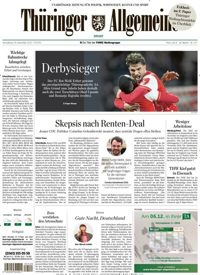 Titelbild der Ausgabe 277/2025 von Thüringer Allgemeine Erfurt. Diese Zeitschrift und viele weitere Zeitungsabos als Abo oder epaper bei United Kiosk online kaufen.