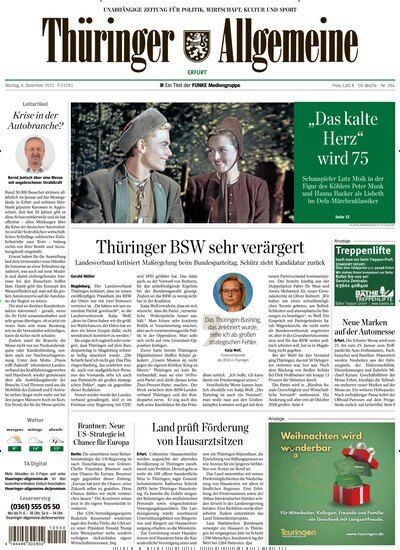 Titelbild der Ausgabe 284/2025 von Thüringer Allgemeine Erfurt. Diese Zeitschrift und viele weitere Zeitungsabos als Abo oder epaper bei United Kiosk online kaufen.