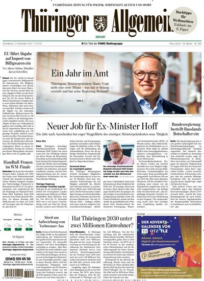 Titelbild der Ausgabe 289/2025 von Thüringer Allgemeine Erfurt. Diese Zeitschrift und viele weitere Zeitungsabos als Abo oder epaper bei United Kiosk online kaufen.