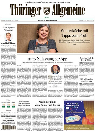 Titelbild der Ausgabe 291/2025 von Thüringer Allgemeine Erfurt. Diese Zeitschrift und viele weitere Zeitungsabos als Abo oder epaper bei United Kiosk online kaufen.