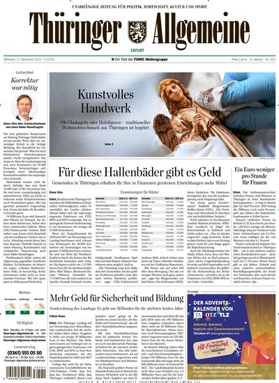 Titelbild der Ausgabe 292/2025 von Thüringer Allgemeine Erfurt. Diese Zeitschrift und viele weitere Zeitungsabos als Abo oder epaper bei United Kiosk online kaufen.