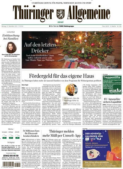 Titelbild der Ausgabe 296/2025 von Thüringer Allgemeine Erfurt. Diese Zeitschrift und viele weitere Zeitungsabos als Abo oder epaper bei United Kiosk online kaufen.