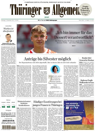 Titelbild der Ausgabe 297/2025 von Thüringer Allgemeine Erfurt. Diese Zeitschrift und viele weitere Zeitungsabos als Abo oder epaper bei United Kiosk online kaufen.