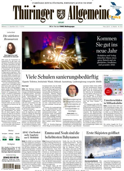 Titelbild der Ausgabe 302/2025 von Thüringer Allgemeine Erfurt. Diese Zeitschrift und viele weitere Zeitungsabos als Abo oder epaper bei United Kiosk online kaufen.