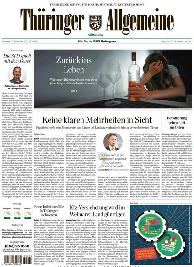 Titelbild der Ausgabe 205/2025 von Thüringer Allgemeine Sömmerda. Diese Zeitschrift und viele weitere Zeitungsabos als Abo oder epaper bei United Kiosk online kaufen.