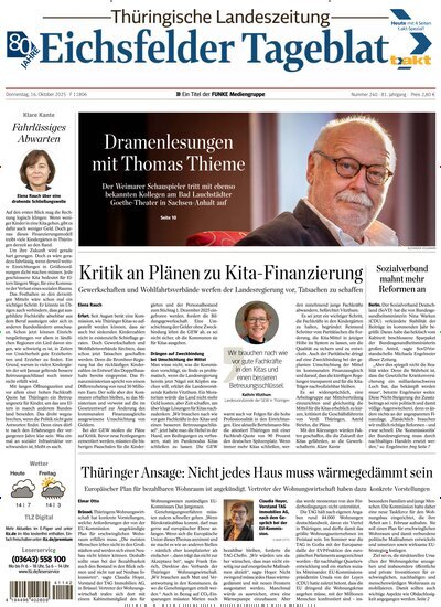 Titelbild der Ausgabe 240/2025 von Thüringische Landeszeitung Eichsfeld. Diese Zeitschrift und viele weitere Zeitungsabos als Abo oder epaper bei United Kiosk online kaufen.