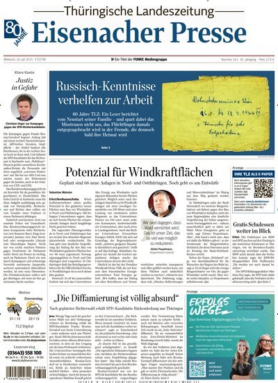 Titelbild der Ausgabe 163/2025 von Thüringische Landeszeitung Eisenach. Diese Zeitschrift und viele weitere Zeitungsabos als Abo oder epaper bei United Kiosk online kaufen.
