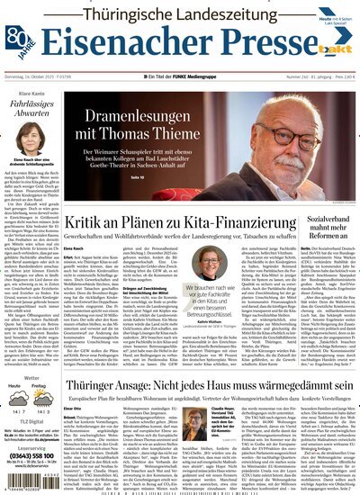 Titelbild der Ausgabe 240/2025 von Thüringische Landeszeitung Eisenach. Diese Zeitschrift und viele weitere Zeitungsabos als Abo oder epaper bei United Kiosk online kaufen.