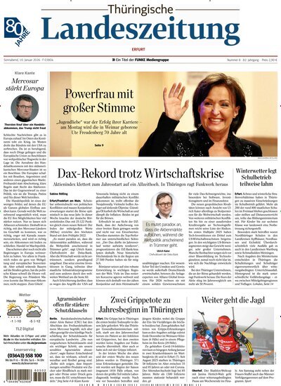 Titelbild der Ausgabe 8/2026 von Thüringische Landeszeitung Erfurt. Diese Zeitschrift und viele weitere Zeitungsabos als Abo oder epaper bei United Kiosk online kaufen.