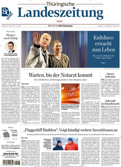 Titelbild der Ausgabe 9/2026 von Thüringische Landeszeitung Erfurt. Diese Zeitschrift und viele weitere Zeitungsabos als Abo oder epaper bei United Kiosk online kaufen.