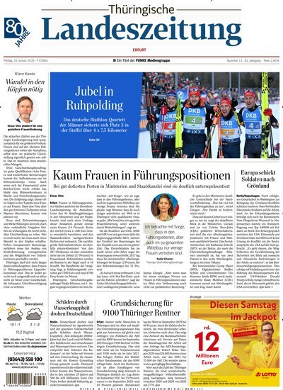 Titelbild der Ausgabe 13/2026 von Thüringische Landeszeitung Erfurt. Diese Zeitschrift und viele weitere Zeitungsabos als Abo oder epaper bei United Kiosk online kaufen.