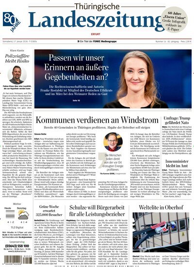 Titelbild der Ausgabe 14/2026 von Thüringische Landeszeitung Erfurt. Diese Zeitschrift und viele weitere Zeitungsabos als Abo oder epaper bei United Kiosk online kaufen.