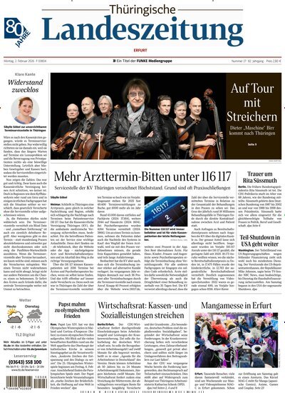 Titelbild der Ausgabe 27/2026 von Thüringische Landeszeitung Erfurt. Diese Zeitschrift und viele weitere Zeitungsabos als Abo oder epaper bei United Kiosk online kaufen.