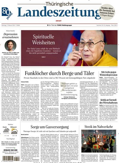 Titelbild der Ausgabe 28/2026 von Thüringische Landeszeitung Erfurt. Diese Zeitschrift und viele weitere Zeitungsabos als Abo oder epaper bei United Kiosk online kaufen.