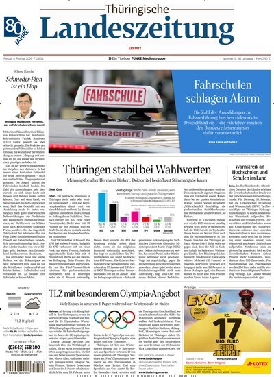Titelbild der Ausgabe 31/2026 von Thüringische Landeszeitung Erfurt. Diese Zeitschrift und viele weitere Zeitungsabos als Abo oder epaper bei United Kiosk online kaufen.