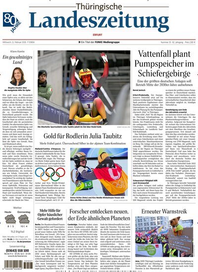 Titelbild der Ausgabe 35/2026 von Thüringische Landeszeitung Erfurt. Diese Zeitschrift und viele weitere Zeitungsabos als Abo oder epaper bei United Kiosk online kaufen.