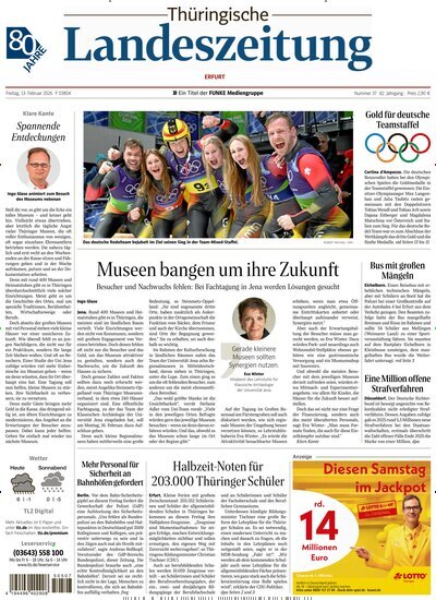 Titelbild der Ausgabe 37/2026 von Thüringische Landeszeitung Erfurt. Diese Zeitschrift und viele weitere Zeitungsabos als Abo oder epaper bei United Kiosk online kaufen.