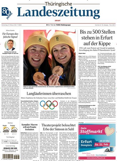 Titelbild der Ausgabe 42/2026 von Thüringische Landeszeitung Erfurt. Diese Zeitschrift und viele weitere Zeitungsabos als Abo oder epaper bei United Kiosk online kaufen.