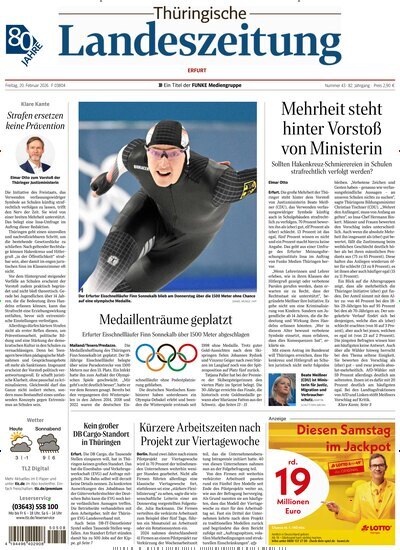 Titelbild der Ausgabe 43/2026 von Thüringische Landeszeitung Erfurt. Diese Zeitschrift und viele weitere Zeitungsabos als Abo oder epaper bei United Kiosk online kaufen.