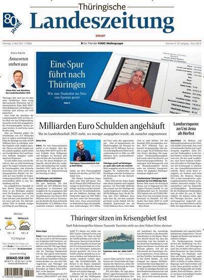 Titelbild der Ausgabe 52/2026 von Thüringische Landeszeitung Erfurt. Diese Zeitschrift und viele weitere Zeitungsabos als Abo oder epaper bei United Kiosk online kaufen.