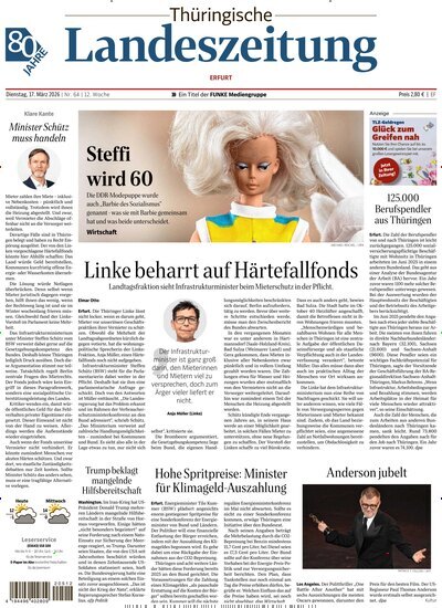 Titelbild der Ausgabe 64/2026 von Thüringische Landeszeitung Erfurt. Diese Zeitschrift und viele weitere Zeitungsabos als Abo oder epaper bei United Kiosk online kaufen.