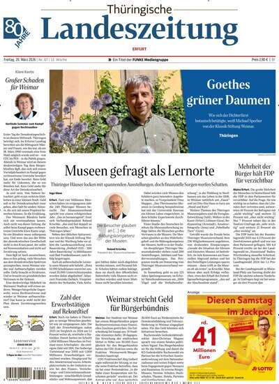 Titelbild der Ausgabe 67/2026 von Thüringische Landeszeitung Erfurt. Diese Zeitschrift und viele weitere Zeitungsabos als Abo oder epaper bei United Kiosk online kaufen.