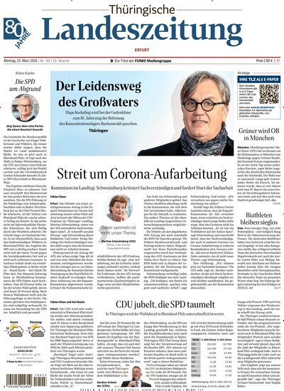 Titelbild der Ausgabe 69/2026 von Thüringische Landeszeitung Erfurt. Diese Zeitschrift und viele weitere Zeitungsabos als Abo oder epaper bei United Kiosk online kaufen.