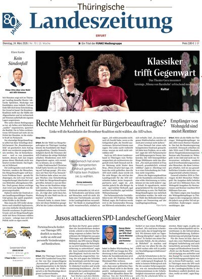 Titelbild der Ausgabe 70/2026 von Thüringische Landeszeitung Erfurt. Diese Zeitschrift und viele weitere Zeitungsabos als Abo oder epaper bei United Kiosk online kaufen.
