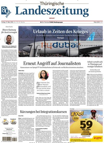 Titelbild der Ausgabe 73/2026 von Thüringische Landeszeitung Erfurt. Diese Zeitschrift und viele weitere Zeitungsabos als Abo oder epaper bei United Kiosk online kaufen.