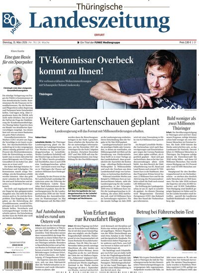 Titelbild der Ausgabe 76/2026 von Thüringische Landeszeitung Erfurt. Diese Zeitschrift und viele weitere Zeitungsabos als Abo oder epaper bei United Kiosk online kaufen.