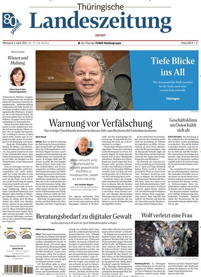 Titelbild der Ausgabe 77/2026 von Thüringische Landeszeitung Erfurt. Diese Zeitschrift und viele weitere Zeitungsabos als Abo oder epaper bei United Kiosk online kaufen.