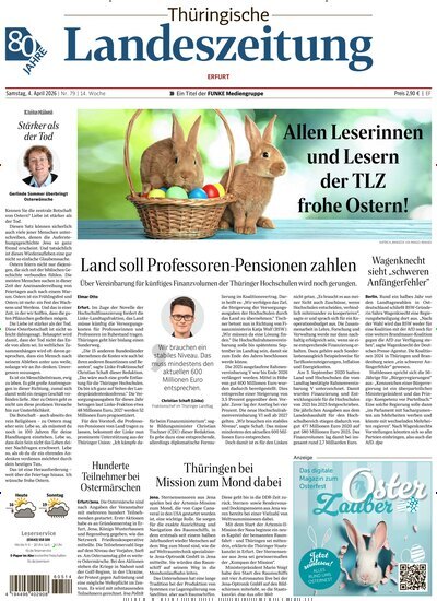 Titelbild der Ausgabe 79/2026 von Thüringische Landeszeitung Erfurt. Diese Zeitschrift und viele weitere Zeitungsabos als Abo oder epaper bei United Kiosk online kaufen.
