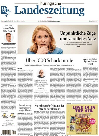 Titelbild der Ausgabe 90/2026 von Thüringische Landeszeitung Erfurt. Diese Zeitschrift und viele weitere Zeitungsabos als Abo oder epaper bei United Kiosk online kaufen.