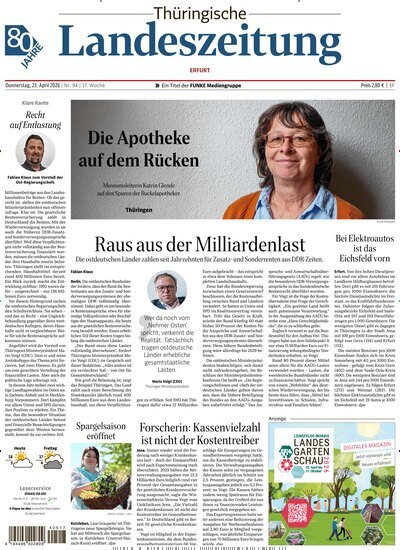 Titelbild der Ausgabe 94/2026 von Thüringische Landeszeitung Erfurt. Diese Zeitschrift und viele weitere Zeitungsabos als Abo oder epaper bei United Kiosk online kaufen.