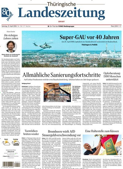 Titelbild der Ausgabe 96/2026 von Thüringische Landeszeitung Erfurt. Diese Zeitschrift und viele weitere Zeitungsabos als Abo oder epaper bei United Kiosk online kaufen.