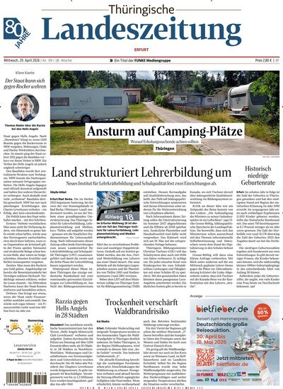 Titelbild der Ausgabe 99/2026 von Thüringische Landeszeitung Erfurt. Diese Zeitschrift und viele weitere Zeitungsabos als Abo oder epaper bei United Kiosk online kaufen.