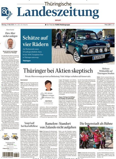 Titelbild der Ausgabe 102/2026 von Thüringische Landeszeitung Erfurt. Diese Zeitschrift und viele weitere Zeitungsabos als Abo oder epaper bei United Kiosk online kaufen.