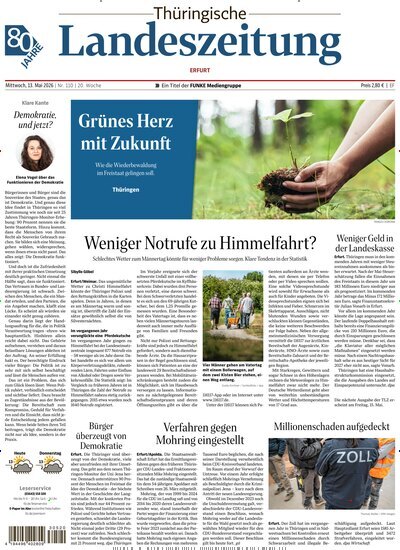 Titelbild der Ausgabe 110/2026 von Thüringische Landeszeitung Erfurt. Diese Zeitschrift und viele weitere Zeitungsabos als Abo oder epaper bei United Kiosk online kaufen.