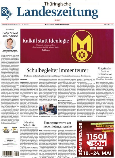 Titelbild der Ausgabe 112/2026 von Thüringische Landeszeitung Erfurt. Diese Zeitschrift und viele weitere Zeitungsabos als Abo oder epaper bei United Kiosk online kaufen.