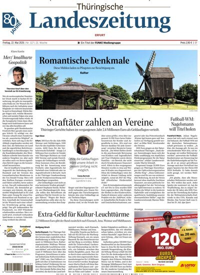 Titelbild der Ausgabe 117/2026 von Thüringische Landeszeitung Erfurt. Diese Zeitschrift und viele weitere Zeitungsabos als Abo oder epaper bei United Kiosk online kaufen.